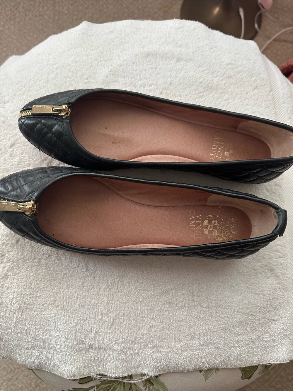 Vince Camuto Black Quilted Ballet Flats with Gold Zip Accent